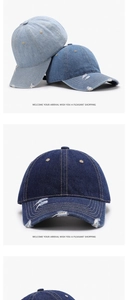 Macro detail of distressed denim baseball caps showing frayed edges and washed texture