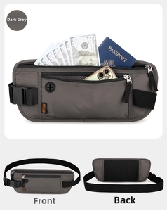 Detail of dark grey RFID blocking running belt with headphone port and waterproof nylon