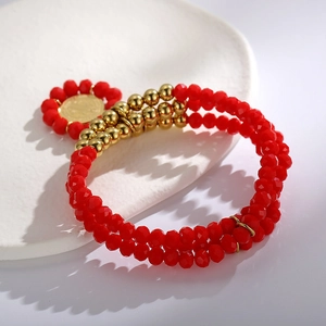 Double-layered red beaded bracelet with gold coin pendant in retro stainless steel style