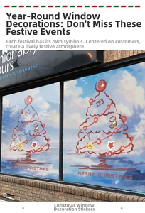 Detail of red Christmas tree window stickers with festive hand-drawn line art