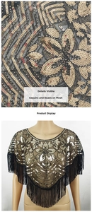 Détail d'une cape en résille noire avec paillettes dorées, perles et longues franges