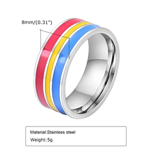 Fashion Stainless Steel Band Ring With Colorful Enamel Stripes Pride Flag Design For Unisex Daily Wear
