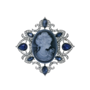 Broche Camée en Alliage de Zinc Vintage Portrait de Femme Avec Cristaux Strass Bleus Bijoux Électroplaqués Ton Argent