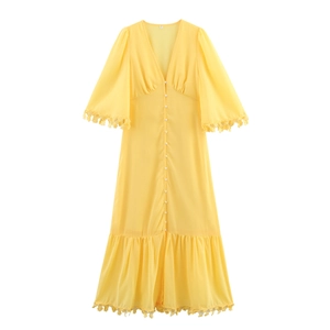 Yellow Chiffon Maxi Dress V Neck Lace Trim Flare Sleeve High Waist Elegant Long Gown Artificial Pearl Button