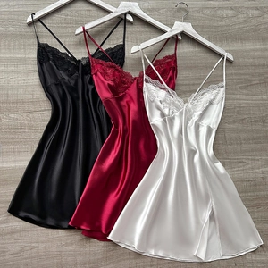 Elegant satin lace camisole nightgowns in black, wine red, and pearl white colors