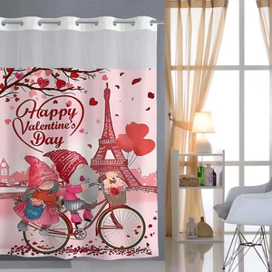 Detail of waffle fabric shower curtain with romantic Valentine gnome and Eiffel Tower
