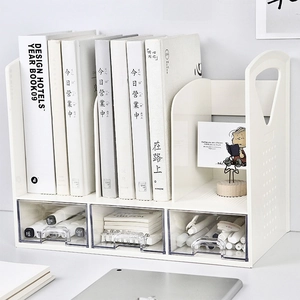 White desk organizer with three transparent drawers and adjustable book dividers for students