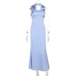 Detail of light blue satin dress with halter neck and elegant slim fit drape