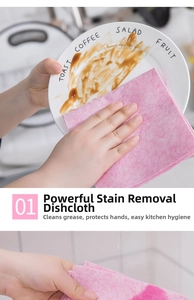 Pink coconut fiber cleaning cloth wiping grease off a ceramic plate in a kitchen sink