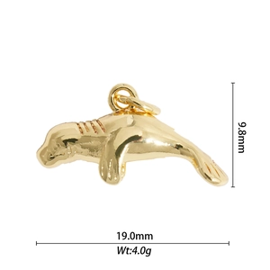 Detailed view of a gold-plated manatee pendant with measurements 9.8mm by 19.0mm