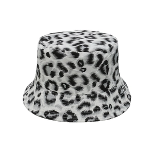 Detail of black and white leopard print bucket hat with multi-row stitching on the brim