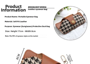 Detailed view of houndstooth PU leather glasses pouch with size info and metal clasp