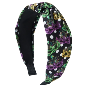 Polka dot and Mardi Gras mask print top knot headband for festival hair styling