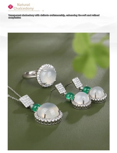 Close-up of natural chalcedony jewelry set including ring, earrings and necklace