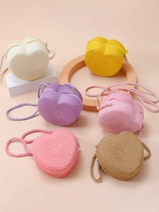 Kids Heart Shaped Straw Crossbody Bag Mini Woven Shoulder Purse For Beach Holiday Cute Style Girls Accessory
