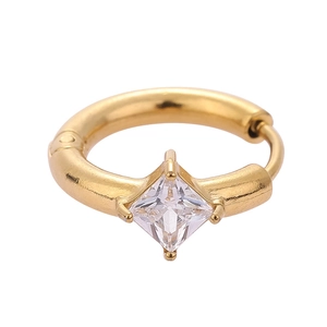 Minimalist gold stainless steel hoop earring with square cut clear cubic zirconia stone