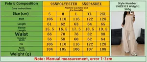 Size chart showing fabric composition and detailed measurements for wide leg pant set