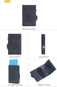 Multi-angle view of men's RFID blocking wallet with pop-up card case and retro black leather