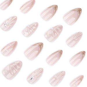Faux ongles amande French avec œil de chat 3D, fleurs en relief et petites perles