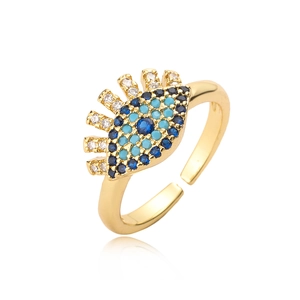 Gold-plated evil eye open ring for women with blue and white zircon stone inlays
