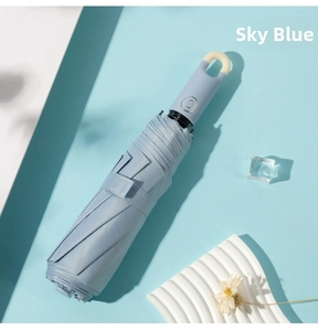 Detail of sky blue automatic umbrella handle with ring hook and opening button