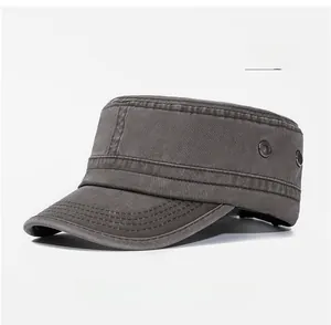 Detail of grey washed cotton cadet cap showing metal eyelets and fine stitching