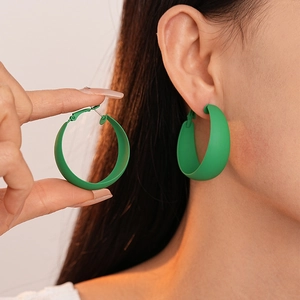Matte Green Hoop Earrings With Silver Earring Post Minimalist C-Shaped Geometric Iron Circle For Women