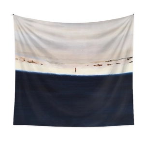 Detailed fabric texture of Bohemian wall tapestry with minimalist seascape art design