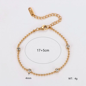 Elegant gold beaded stainless steel bracelet with 4mm cubic zirconia for women