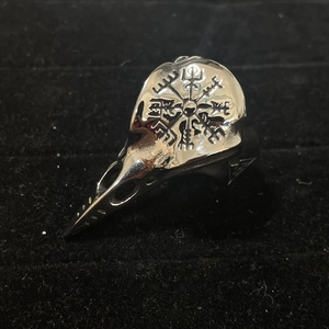 Vintage stainless steel Viking raven skull ring with Vegvisir compass engraving for men