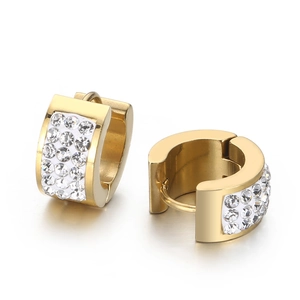 Chic gold-plated stainless steel huggie earrings with three rows of sparkling crystals
