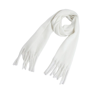 Soft white loop yarn scarf with thick braided tassels for autumn and winter season