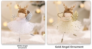 Detail of Christmas angel ornaments with sequins, gauze skirts and deer antler headbands