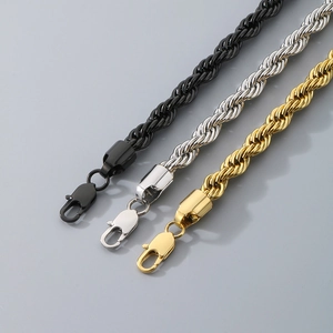 Trois chaînes de corde hip hop en acier noir, argent et or avec fermoirs mousquetons