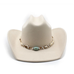 Beige felt western cowboy hat with ethnic style turquoise and shell decorative band