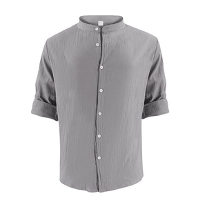 Detail showing the gray linen cotton fabric texture and mandarin collar of the long sleeve shirt