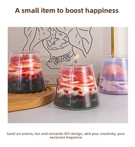 Detailed view of DIY colorful sand art scented candles in conical glass containers