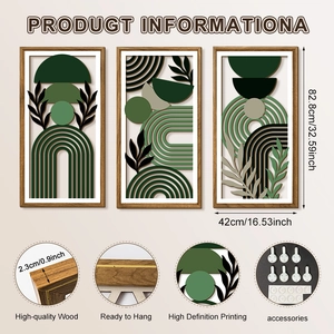 Lot de 3 décorations murales bohèmes en bois avec motifs géométriques de plantes vert et beige