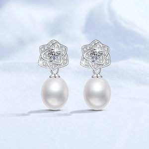 Camellia Flower Drop Earrings With Natural Freshwater Pearl And Moissanite 925 Sterling Silver Earring Post Elegant For Women