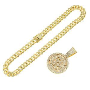 Hip hop iced out gold Cuban link chain with a round rhinestone encrusted pendant