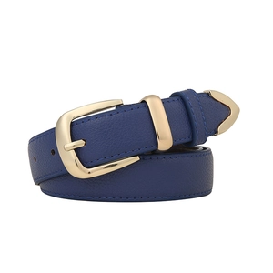 Classic dark blue PU leather belt for women featuring a stylish gold alloy pin buckle