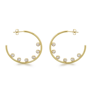 Fashionable gold C-shape stainless steel earrings with sparkling white cubic zirconia