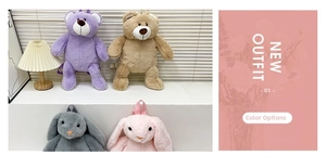 Detail of plush bear and rabbit backpack colors showing purple, brown and pink fur texture