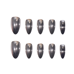 Short almond silver metallic chrome press-on nails set with 10 mirrored finish tips
