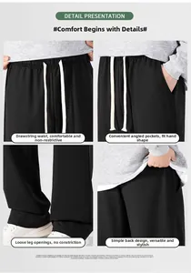 Detail view of men's black sweatpants featuring drawstring waist and side pockets