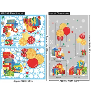 Detailed size chart and layout of colorful Christmas stickers with Santa and gift boxes