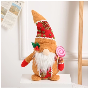 Detail of Christmas gnome with gingerbread man pattern hat and pink lollipop prop