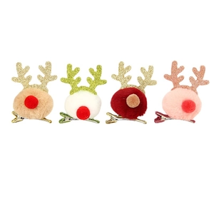 Set of 4 Christmas reindeer antler hair clips with plush pom-poms and glitter details