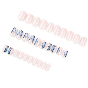 Pink and blue butterfly press-on nail set with 30 glossy medium-length square nails