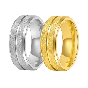 Frosted titanium steel couple rings with center groove in gold and silver finish